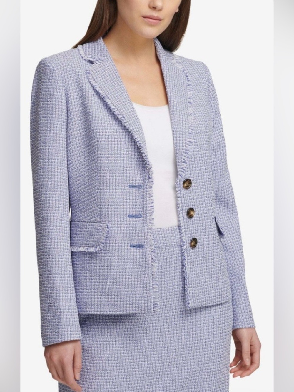 DKNY Lilac Tweed Fringe-Trim Blazer Size 8